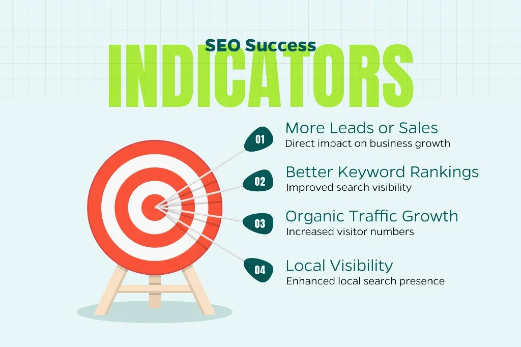 Picture explaining how to measure SEO success through key metrics like organic traffic growth, improved keyword rankings, increased leads or sales, and enhanced local visibility.
