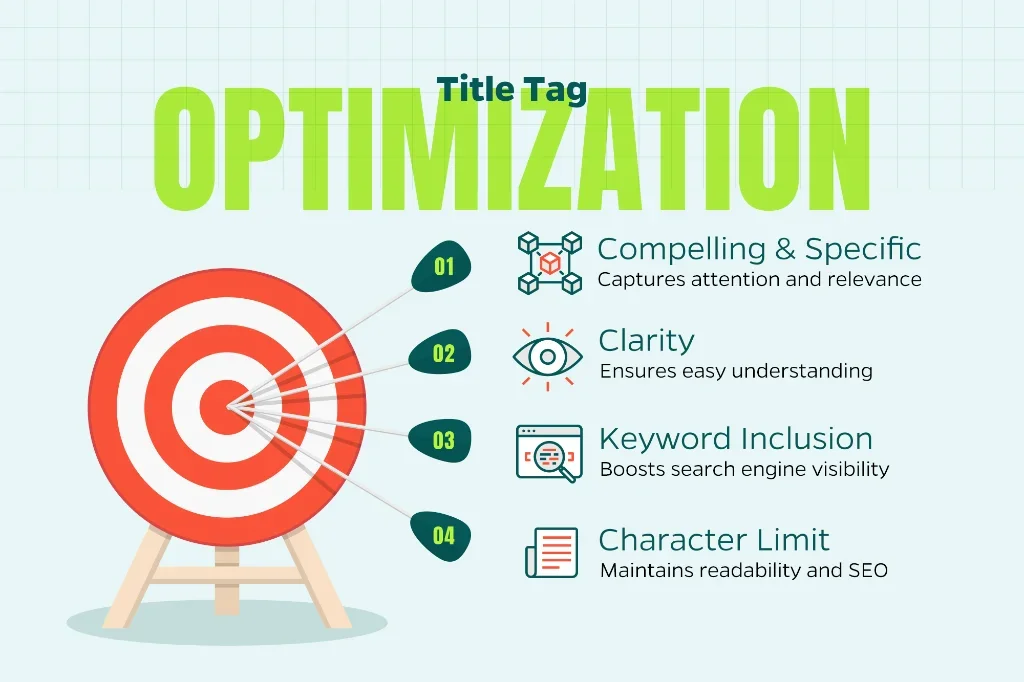 Chart that explains ways to optimize title tags including clarity and character limits.