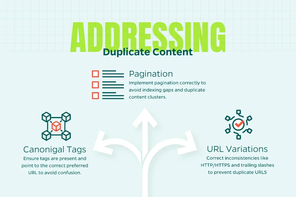 Image showing how to use canonical tags and pagination to address duplicate content.