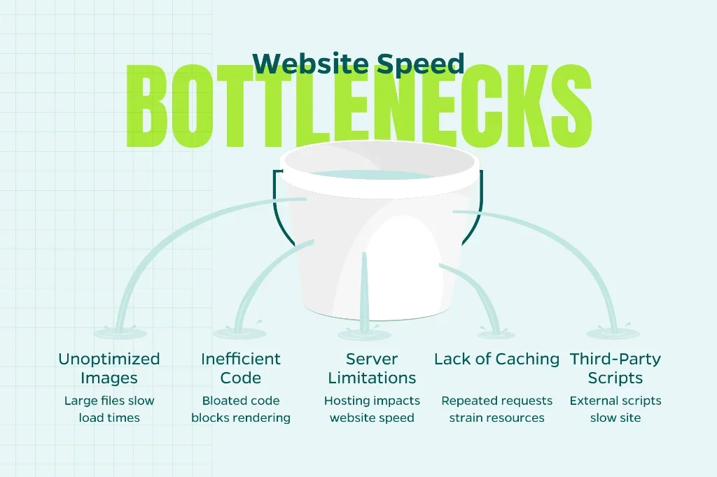 Graph displaying website speed bottlenecks including third-party scripts, lack of caching, server limitations, inefficient code, and unoptimized images.