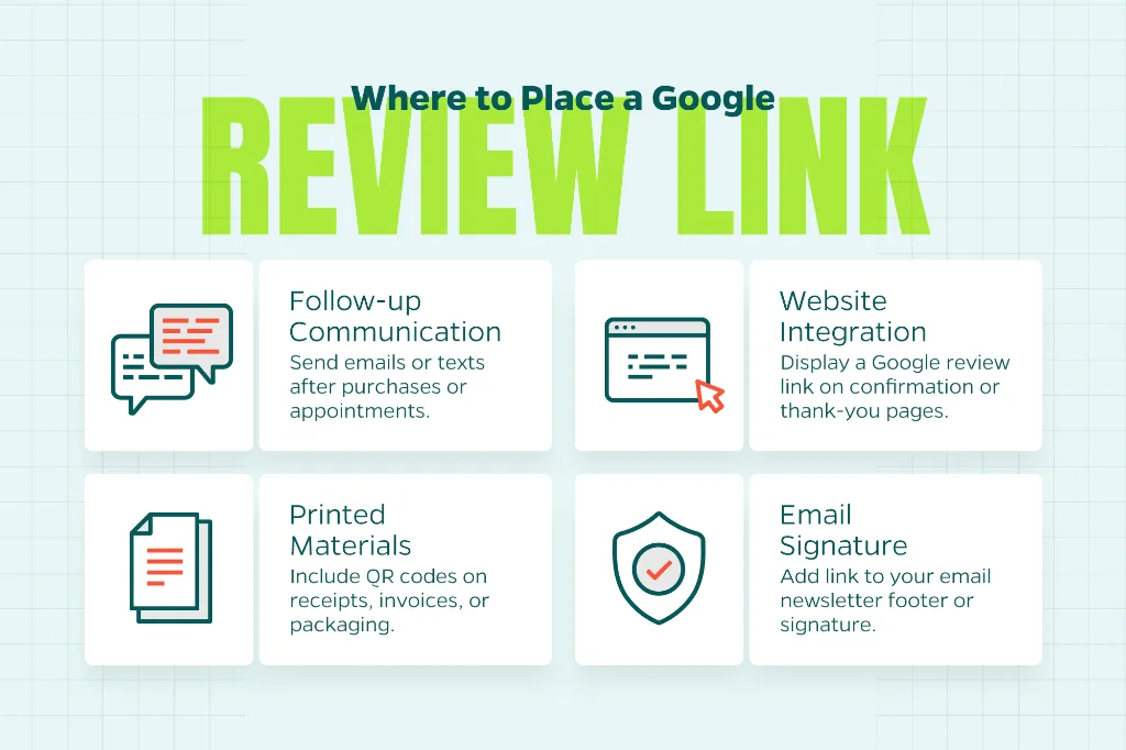 Chart that outlines places to provide a link to do a Google review, so the customer doesn’t have to work as hard.